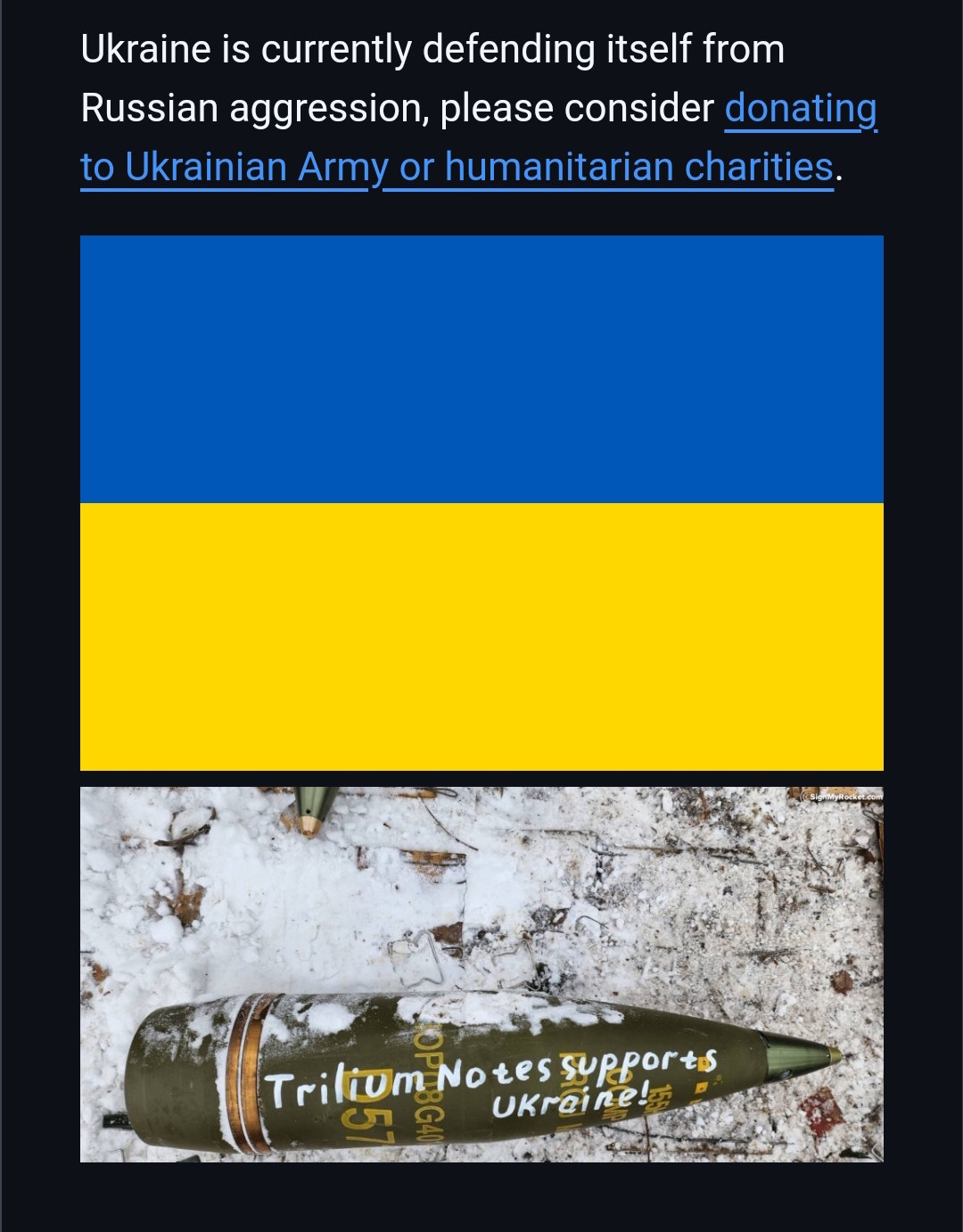 Open source notes taking app that asks you to donate to the Ukranian army and show a picture of a bomb shell signed by them