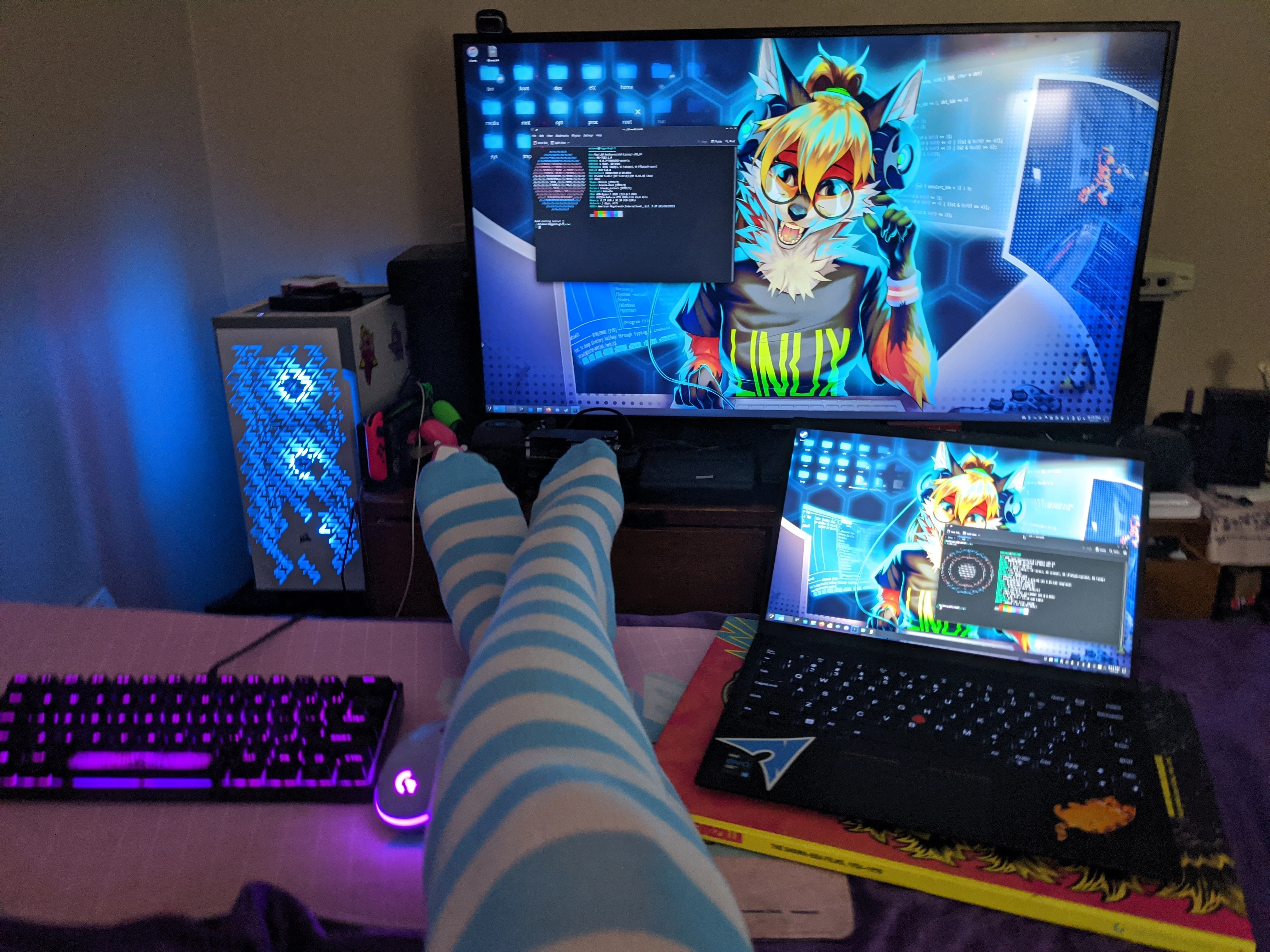 a white gaming desktop connected to a tv showing a screen fetch of the pop os operating system running on it, a keayboard and mouse glowing purple next to my legs in light blue and white stripped thigh highs and my thinkpad running kde neon