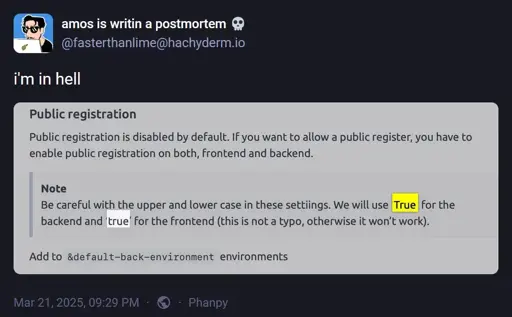 @fasterthanlime@hachyderm.io: "i'm in hell". Attached image includes the text: "Be careful with the upper and lower case in these settings. We will use True for the backend and 'true' for the frontend (this is not a typo, otherwise it won't work)."